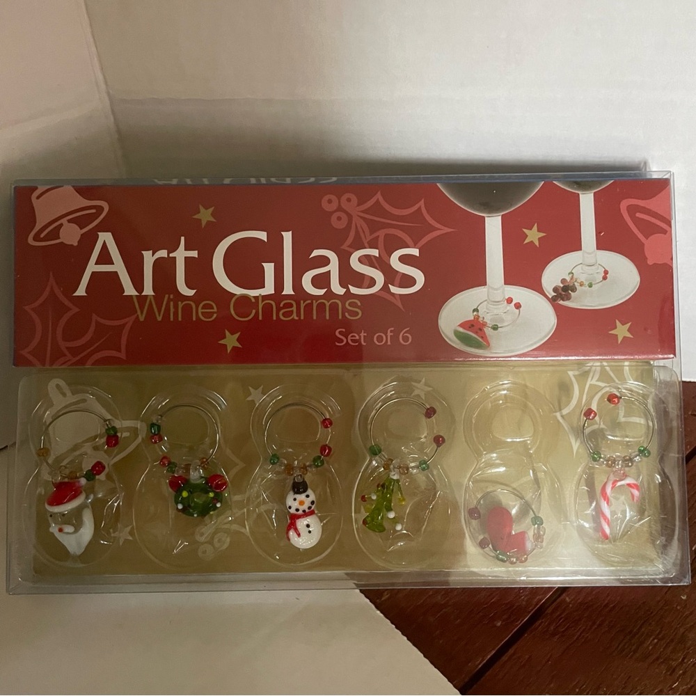 Art Glass Wine Charms Set of 6 New in Box with Holiday Charms